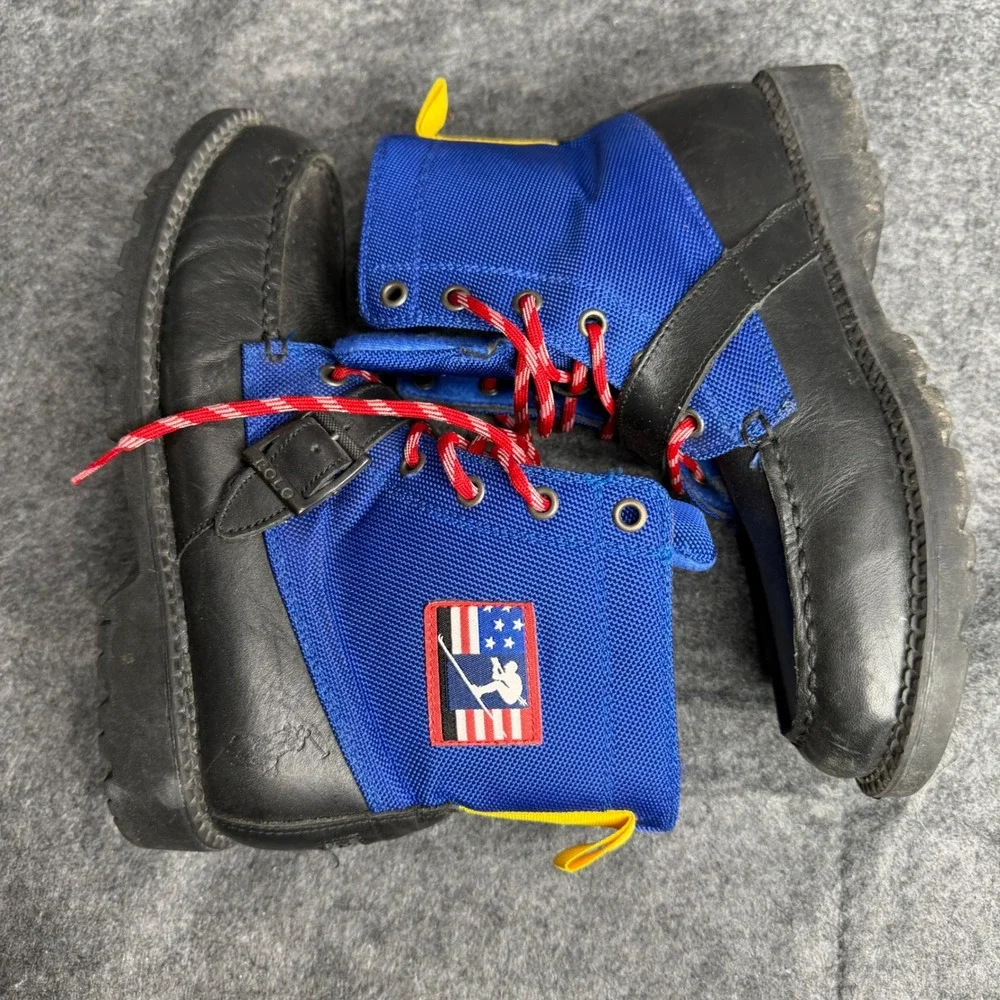 Polo Ralph Lauren Ranger Hi II Boys Boots Black Blue‎ Leather USA Ski Patch 5.5Y